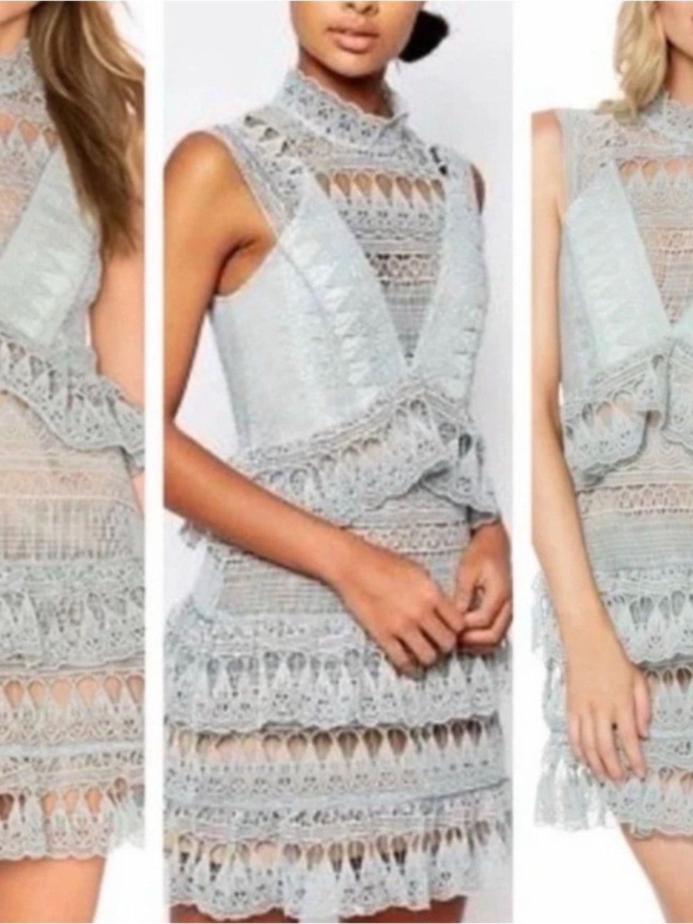 Lace Overlay High-Neck Mini Dress - Light Blue